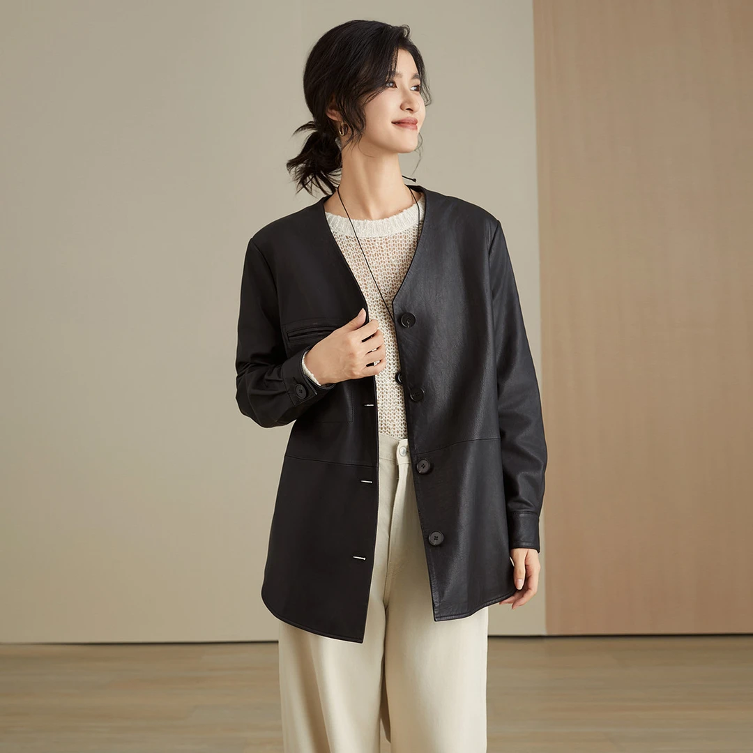 皮衣外套女真皮通勤时尚百搭女士皮衣/皮草V领宽松大衣上衣女