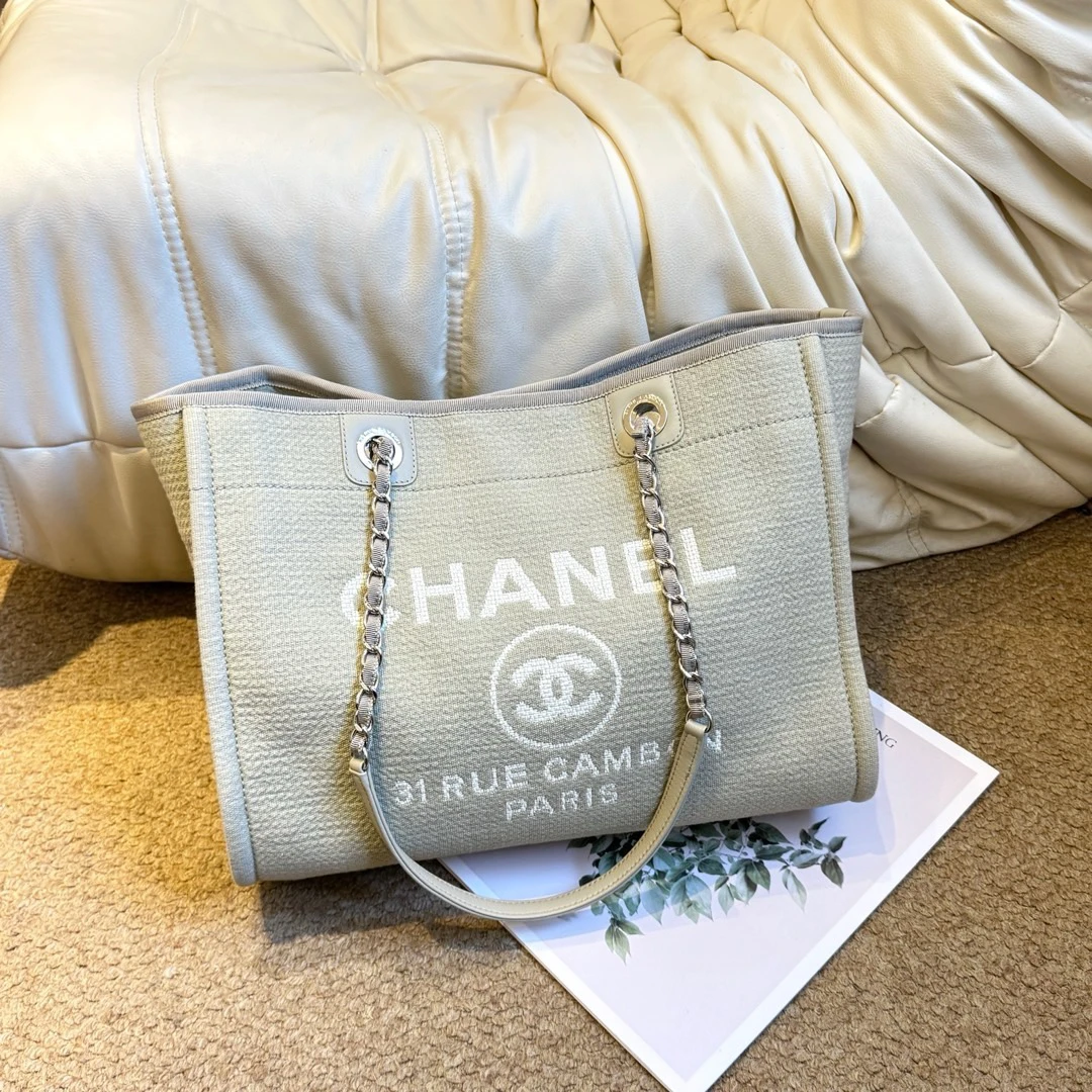95新 Chanel/香奈儿 Chanel 灰白 混合纤维 沙滩包中号 631355881
