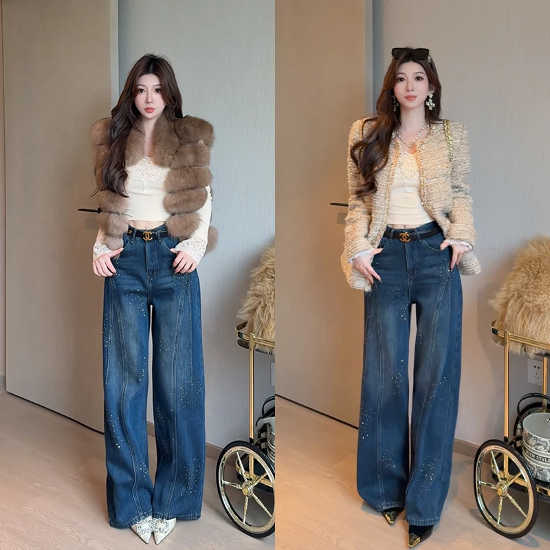 小雨姐姐【流星银楼】休闲时尚流苏腰带烫钻牛仔裤女冬季2025新款