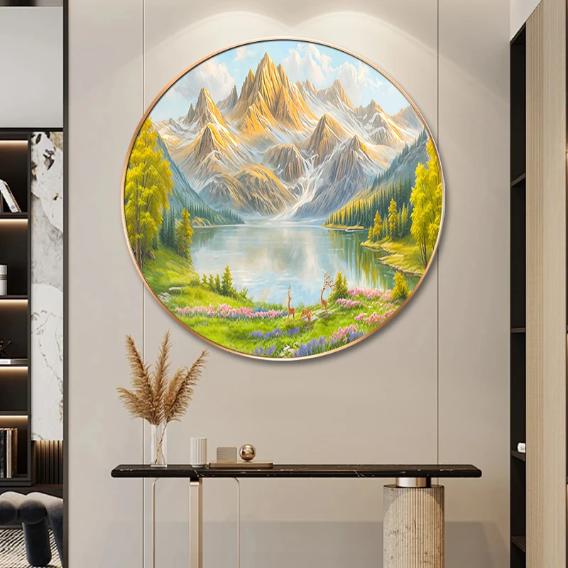 聚宝盆山水风景墙画日照金山圆形玄关走廊尽头挂画餐厅斗柜装饰画
