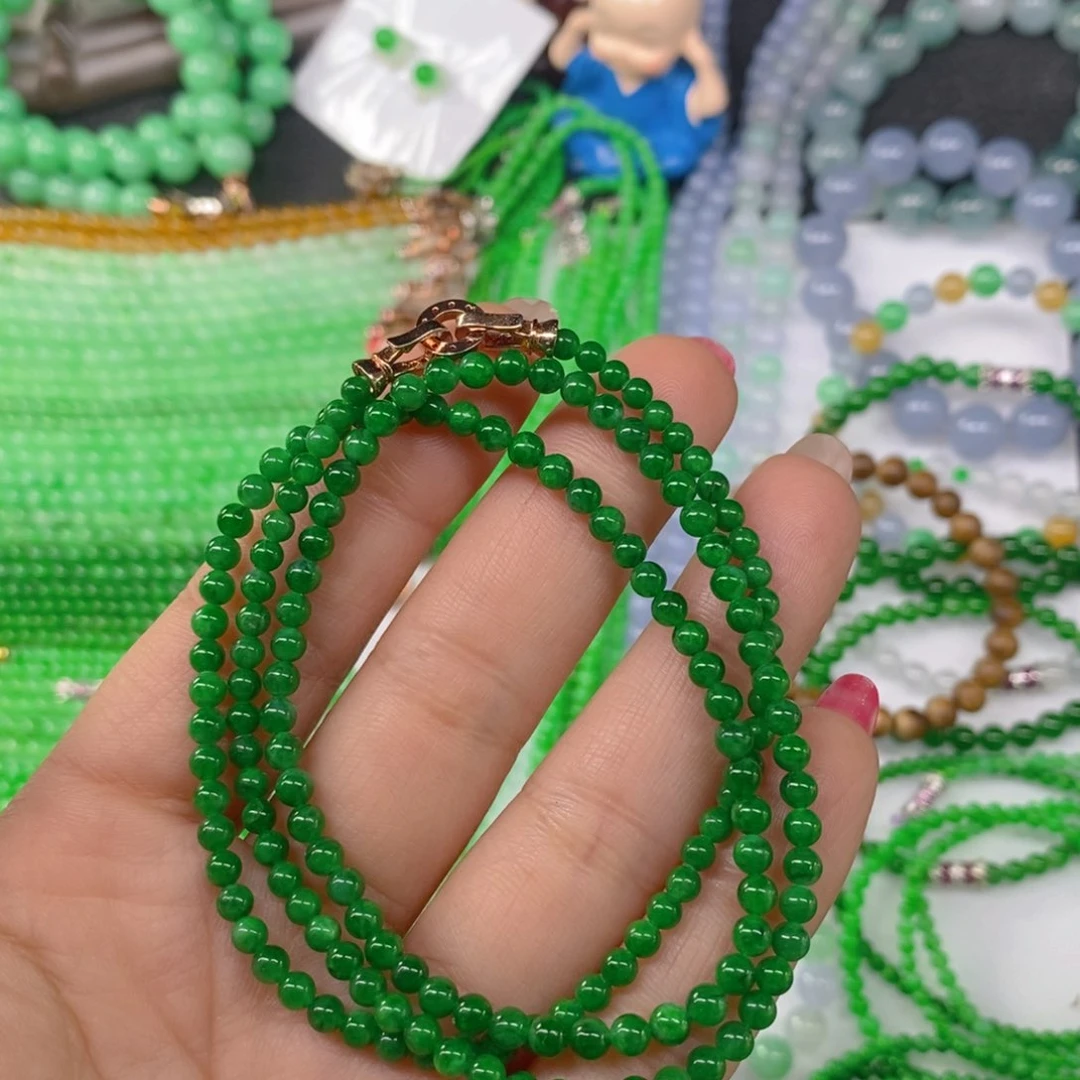 颈饰未镶嵌翡翠缅甸天然翡翠冰种浓阳绿小米珠项链3.5，4