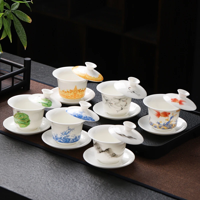 德化羊脂玉瓷三才盖碗陶瓷功夫茶具泡茶碗单个宫廷风敬茶碗喝茶杯