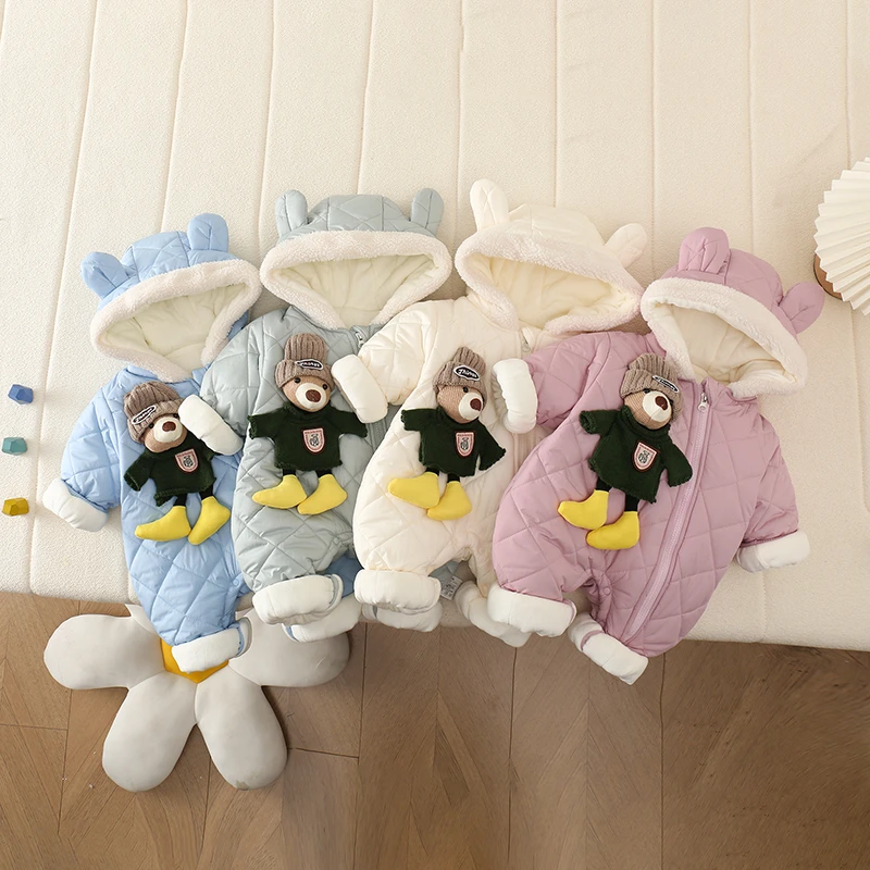 秋冬新生儿婴儿宝宝长袖拉链毛线熊偏开可爱风长爬爬服连体哈衣