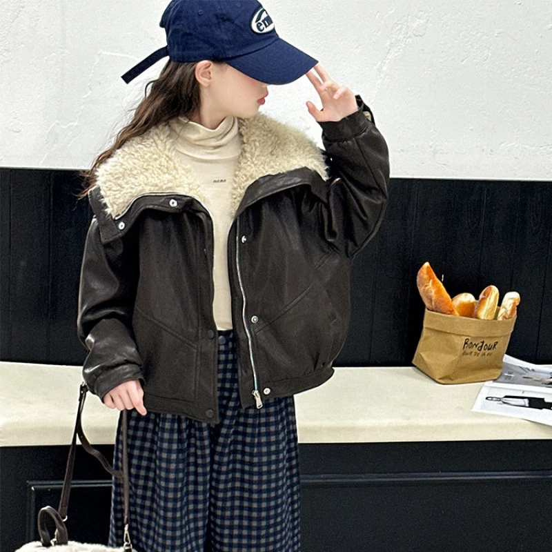 YeeHoO/英氏女童冬季加绒皮衣外套2025新款洋气毛领保暖防风女大