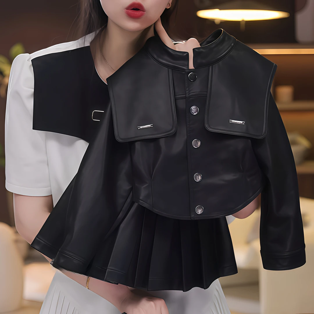 女童皮衣外套百褶裙套装2025新款春秋款机车风半身裙炸街辣妹风潮