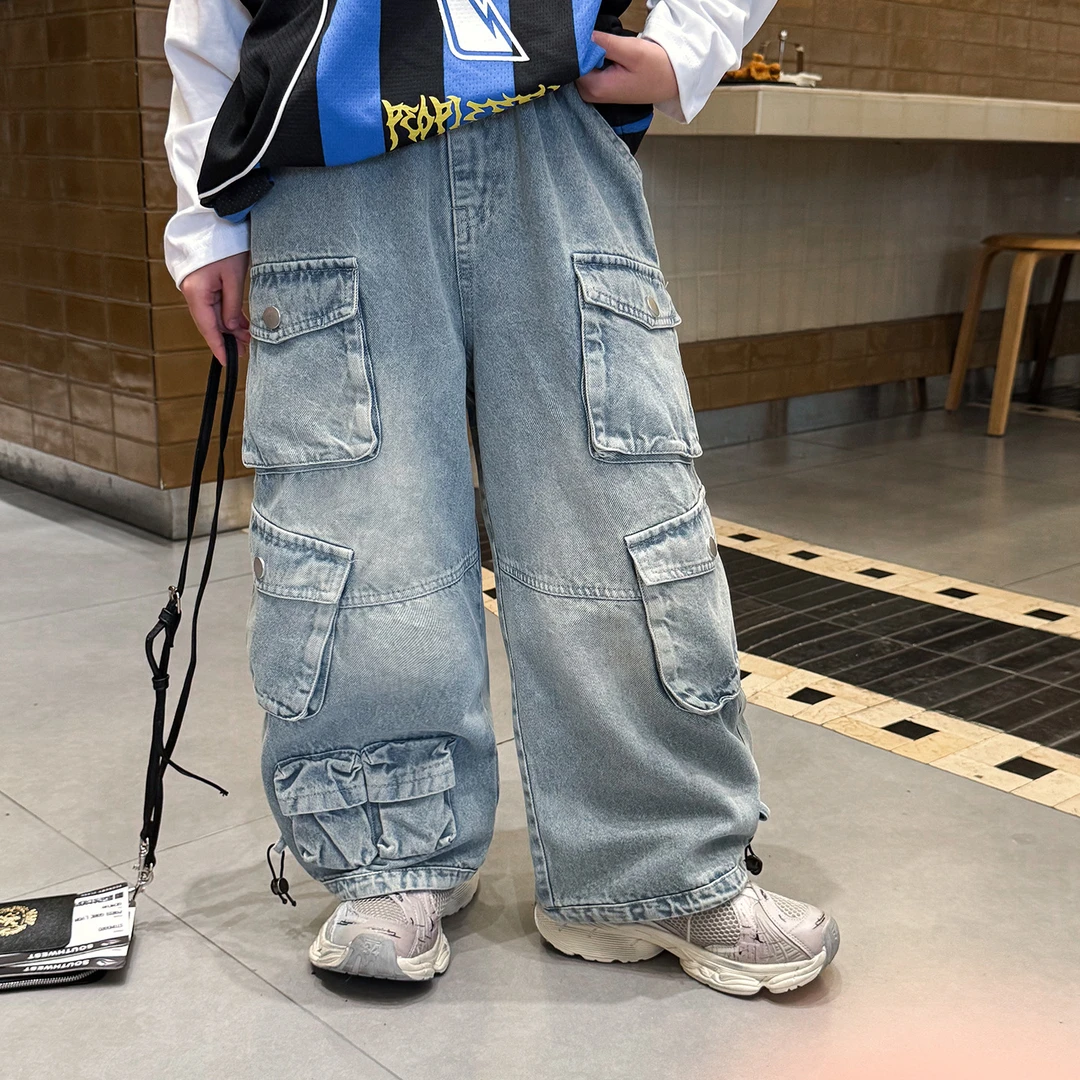 棉小班童装秋款韩版砂洗磨白中大童休闲裤潮酷儿童牛仔裤FQ5060
