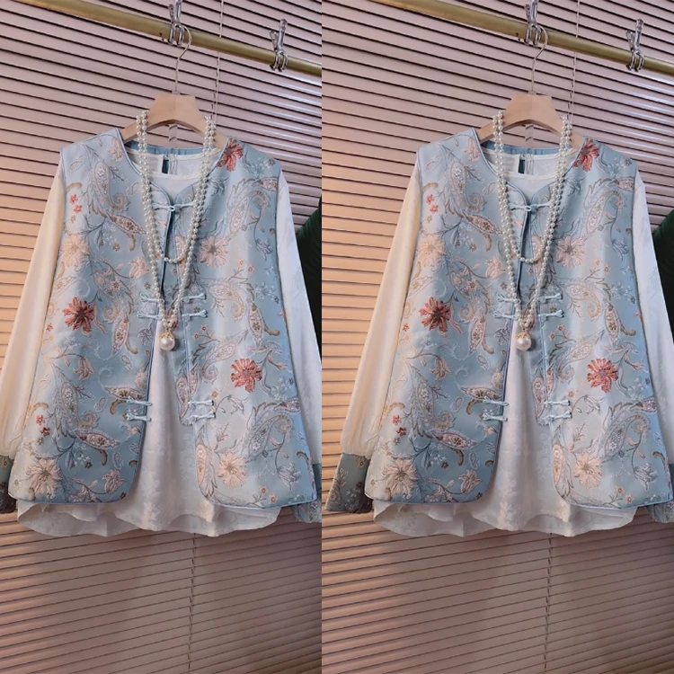 大码圆领净版打底开衫盘扣马甲套装中国风遮肉气质小个子百搭女装