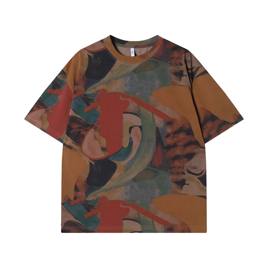 夏季新款时尚个性美式扎染撞色抽象圆领短袖T恤百搭潮流质感上衣