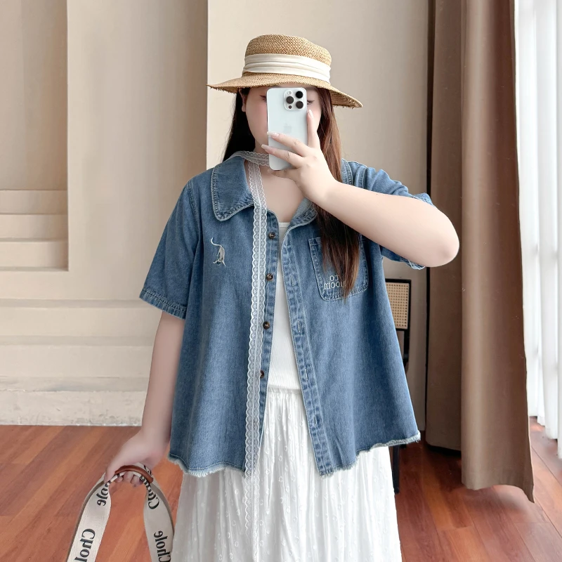 DX7310大码女装韩版夏季宽松显瘦小猫绣花短款磨破短袖牛仔衬衫