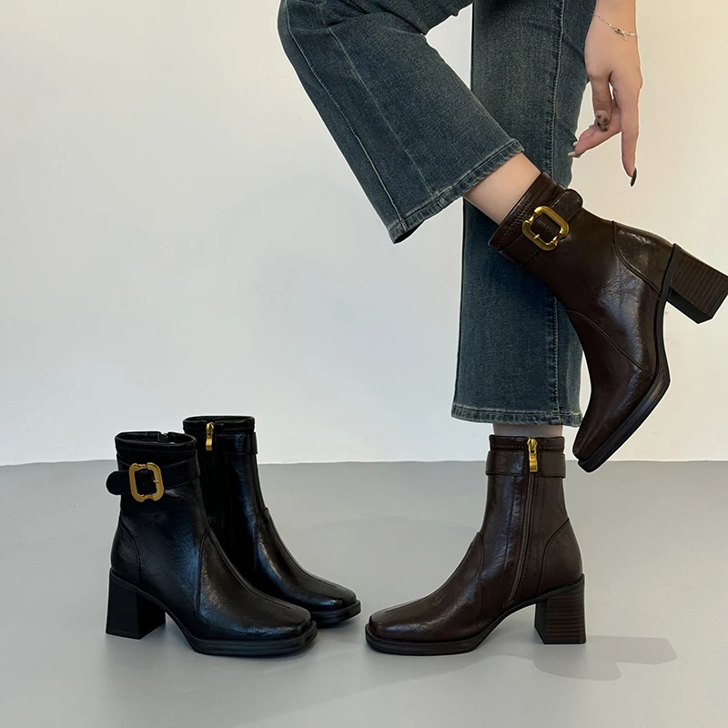 新款复古时尚百搭方头皮带扣饰后拉链气质粗跟女靴