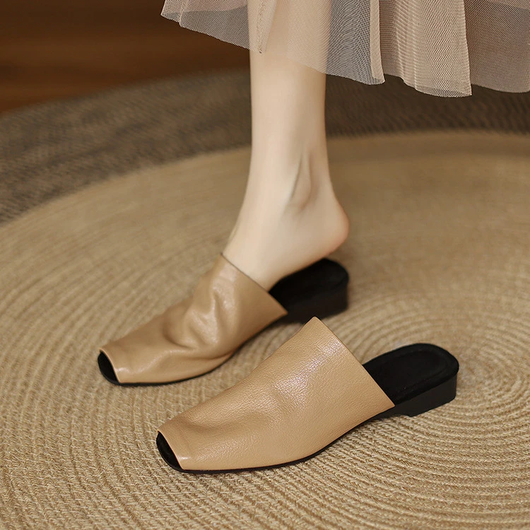 软皮懒人包头半拖鞋女夏新款软皮2025夏季鱼嘴外穿低跟软底穆勒鞋