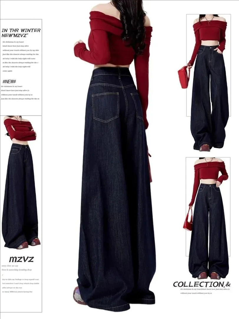 夏季薄款丹宁蓝色阔腿牛仔裤女高腰宽松设计大码百搭