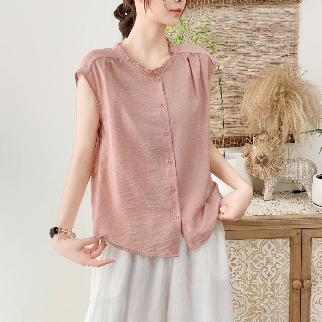 无袖木耳纯色薄款衬衫文艺夏装宽松型衬衫休闲百搭夏季