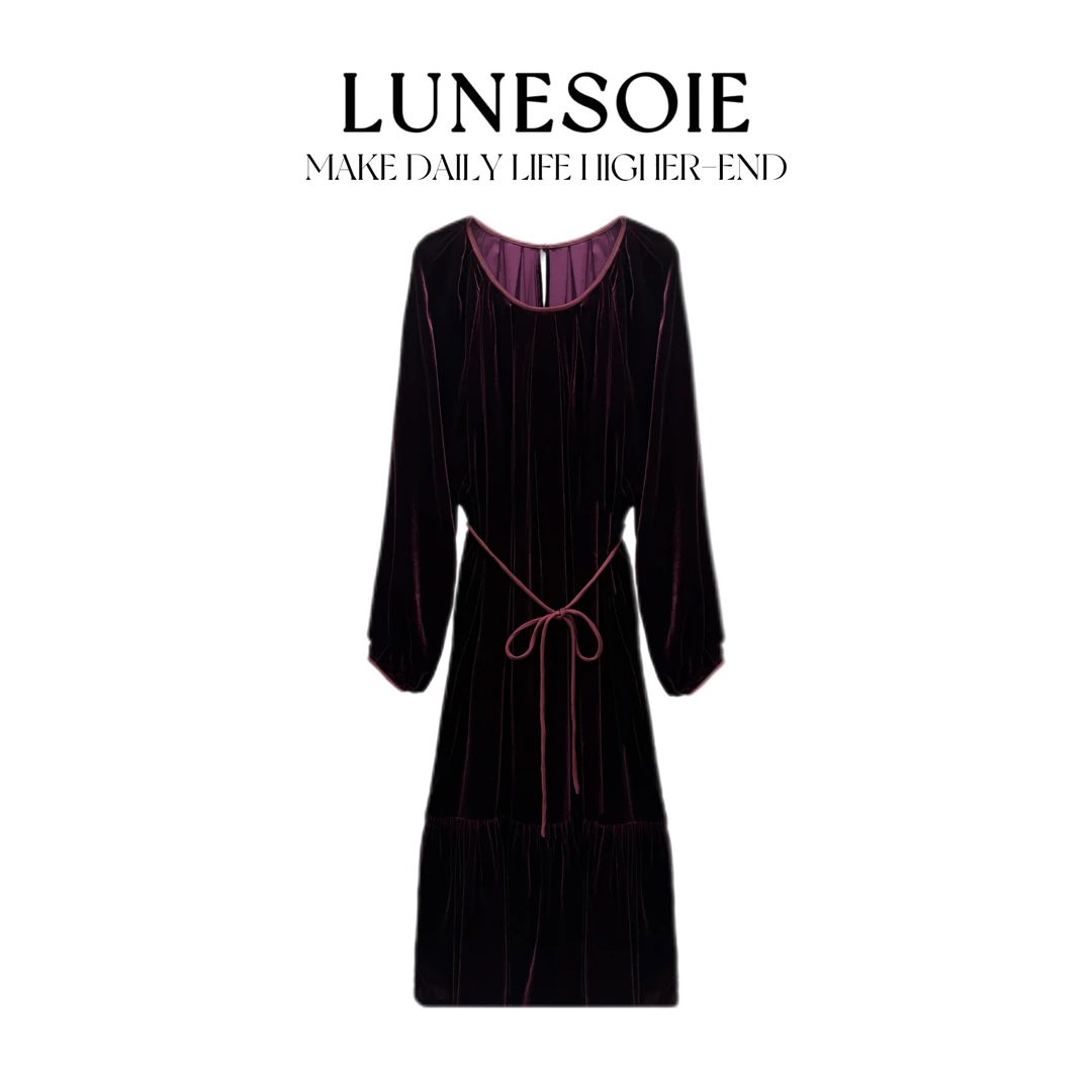 【LUNESOIE】100桑蚕丝真丝丝绒秋冬款女士简约收腰显瘦紫色连衣裙