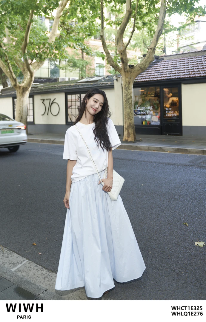 WIWH 蓝色松紧腰半身长裙