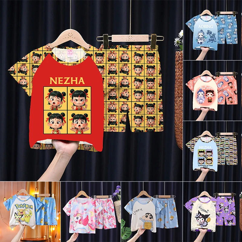 哪吒敖丙儿童睡衣夏季短袖中大童男孩家居服小女孩卡通可外穿套装