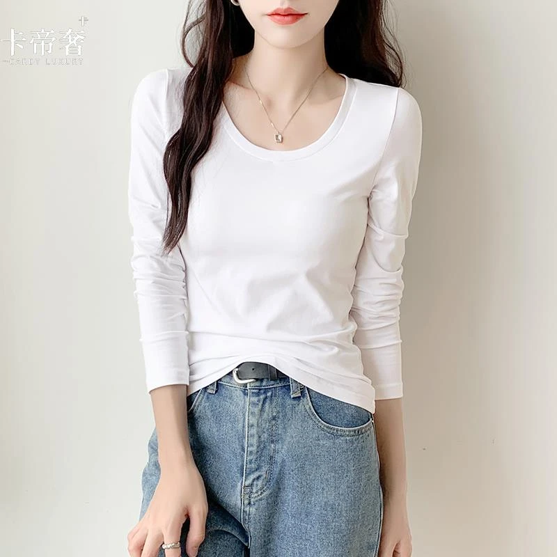 卡帝奢长袖t恤女修身纯棉正肩基础打底衫2025秋冬新款紧身内