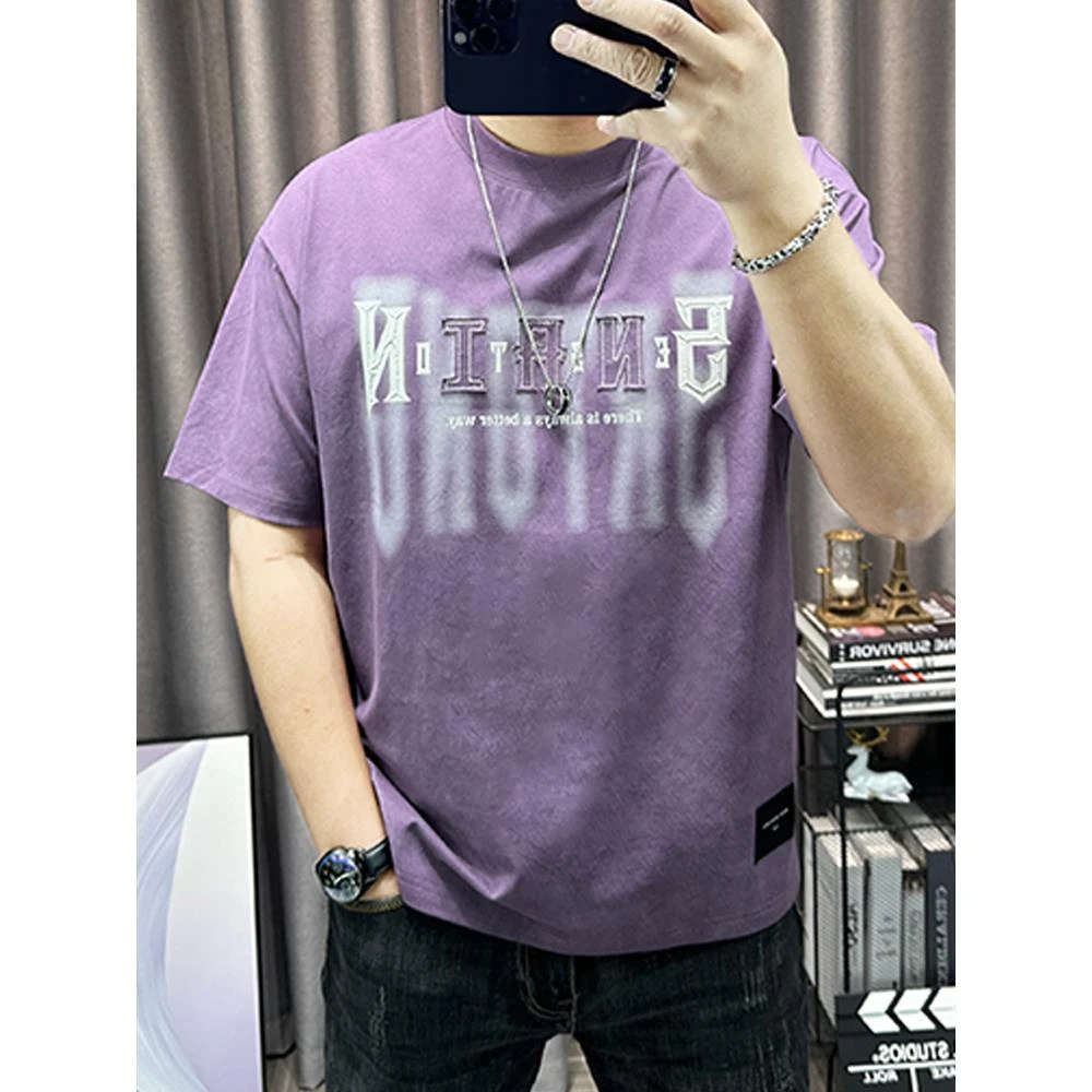 2025夏季新款短袖t恤男潮流美式字母印花上衣休闲男装棉体恤衫