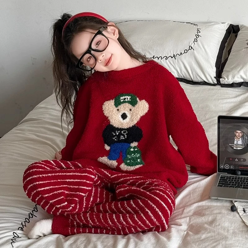 女童冬款睡衣2024新款冬季女大童加绒加厚珊瑚绒儿童家居服两件套