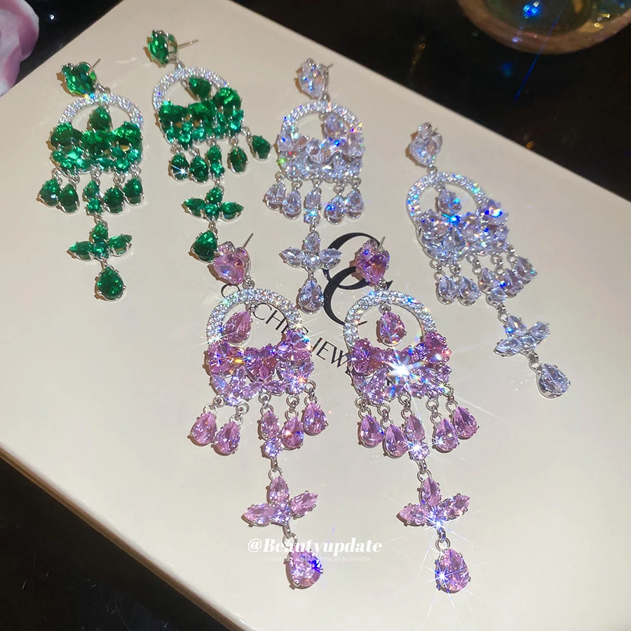 足银玻璃耳饰银针锆石圆形爱心水滴流苏耳环时尚气质耳钉耳坠轻奢