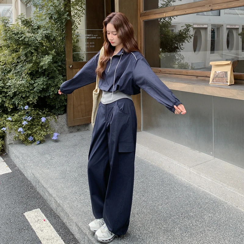 休闲假两件拼接藏青色卫衣长裤套装女春秋松弛感两件套巨好看