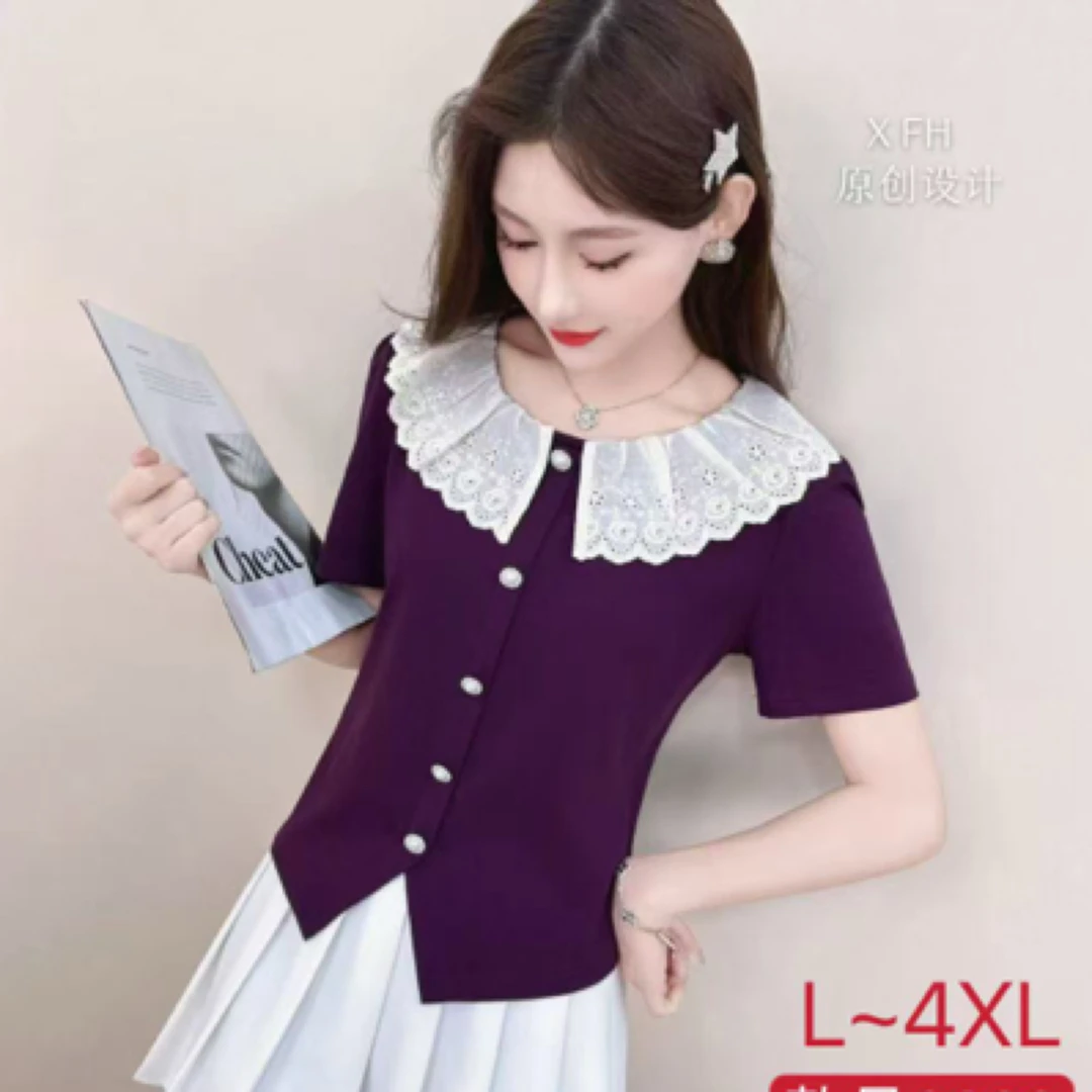 8820#【衣长53】蕾丝娃娃领短袖拼接T恤显瘦时尚小香风ins风上衣