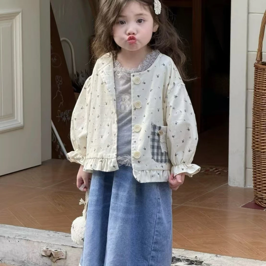 童装2025春季新款女童小童韩版棉质甜美碎花格子口袋洋气外套