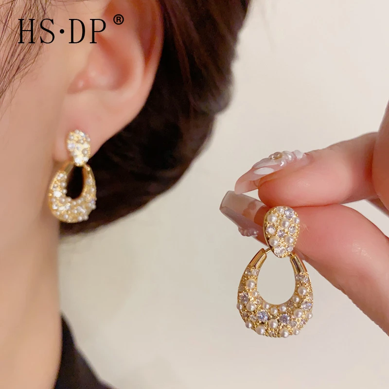 s925银针轻奢高级感微镶锆石珍珠几何耳坠女气质时尚温柔百搭耳环