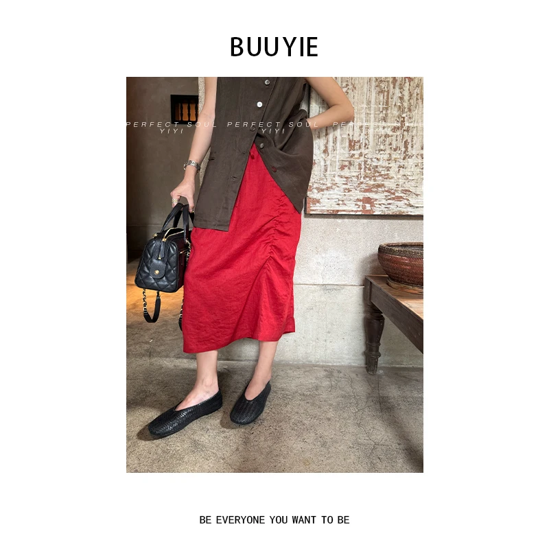BUUYIE 25SS【绮霞】慵懒风100亚麻红色半身裙 250704