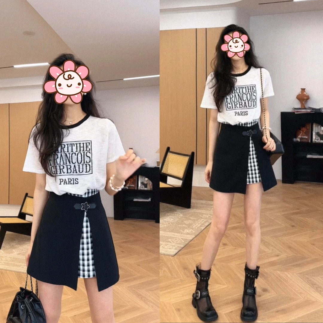 洋气休闲套装女2025夏季薄款竹节麻短袖针织上衣+显瘦假两件裙裤