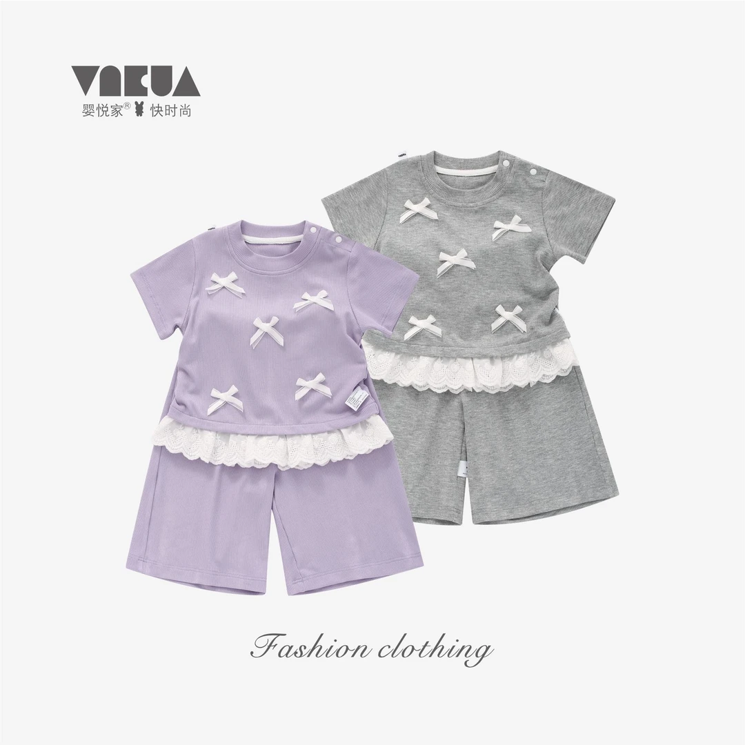 婴悦家夏款女宝宝洋气女童运动舒适休闲蝴蝶结假两件套装 88532