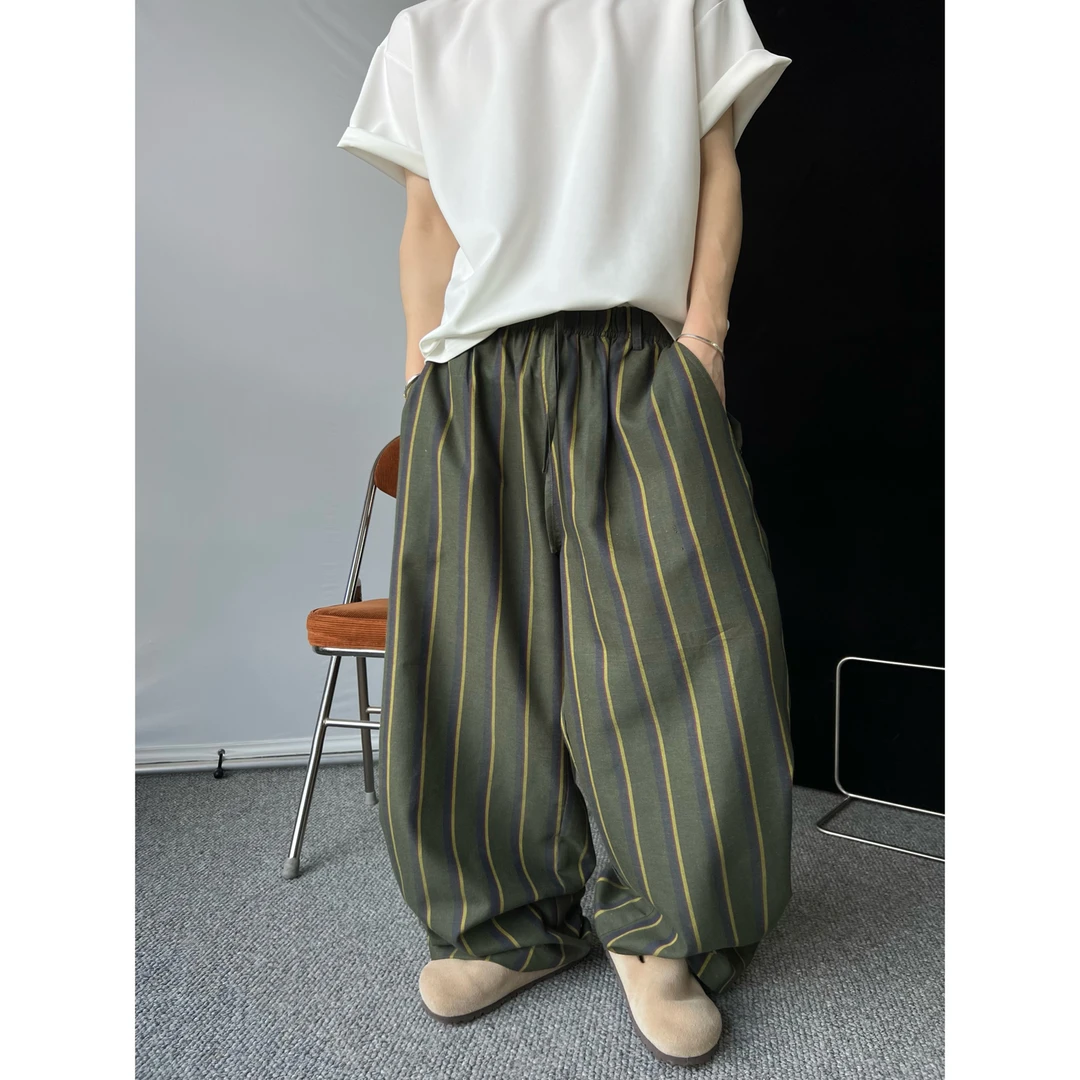 dannyandzee秋季复古军绿色百搭松紧腰显瘦竖条纹阔腿长裤753