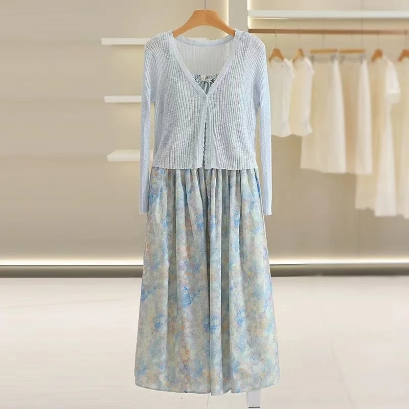 针织开衫碎花显瘦吊带裙两件套夏装女装A006