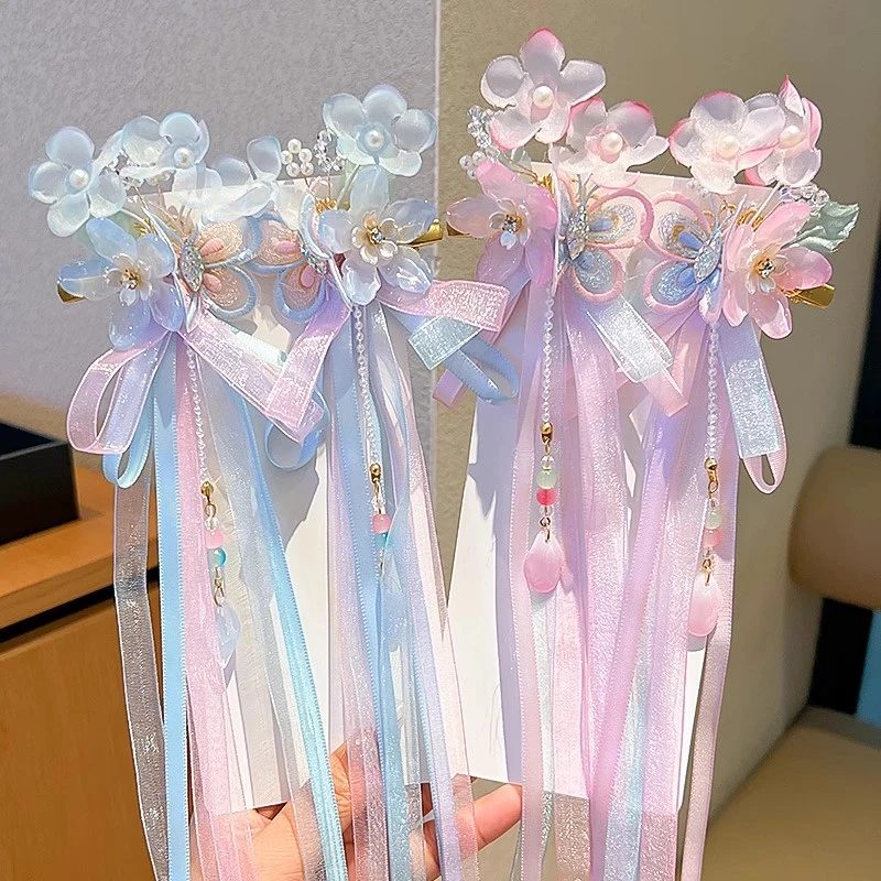 儿童古风超仙发夹女童汉服蝴蝶结飘带头饰女孩花朵流苏不伤发
