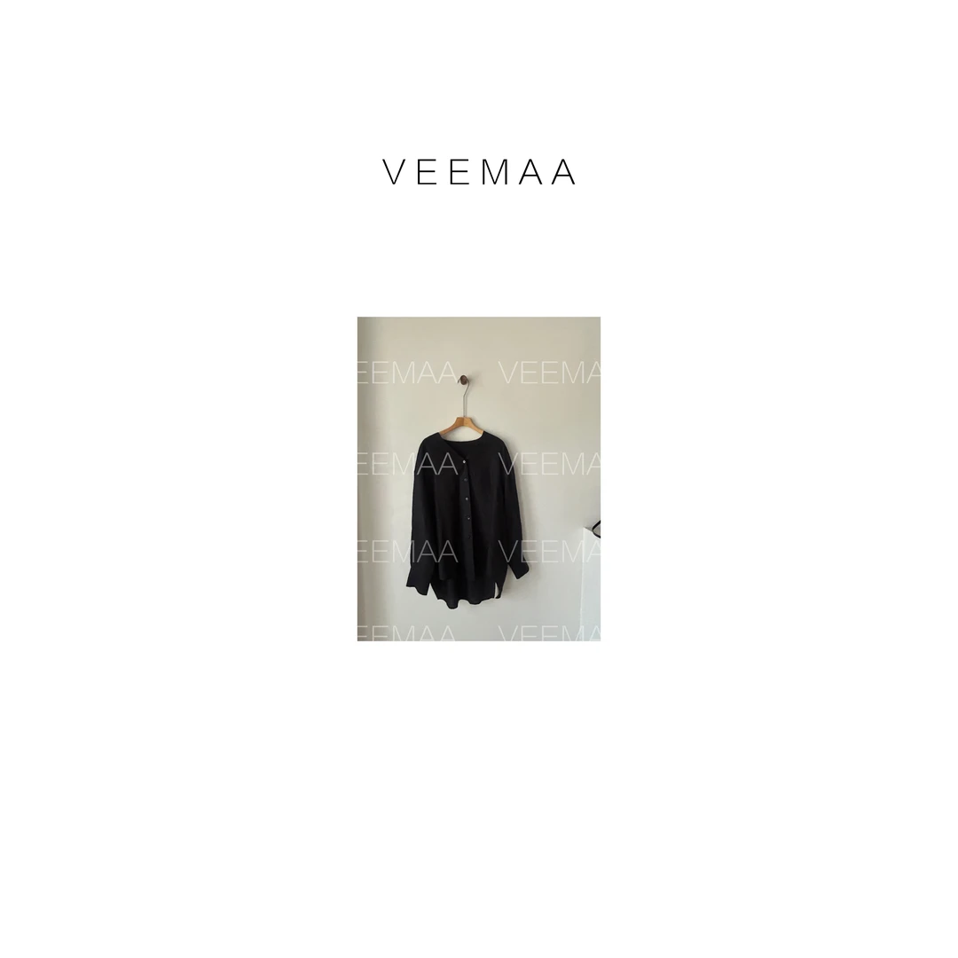 【Veemaa】松露 定制款黑色极简V领亚麻显瘦长袖衬衣 衣长83cm