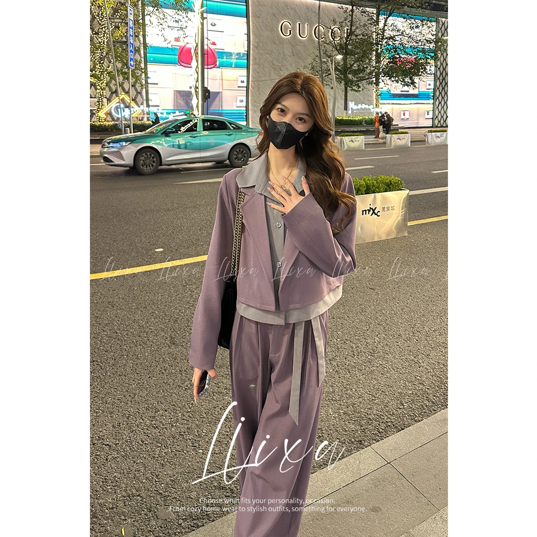 Liixu新款春季休闲时尚西装套装女高级感阔腿裤四件套L51TZ122