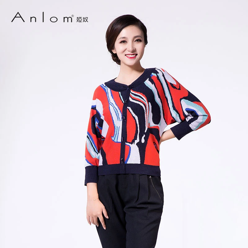 Anlom/娅奴春夏女桑蚕丝针织衫复古套头衫圆领长袖印花女上衣