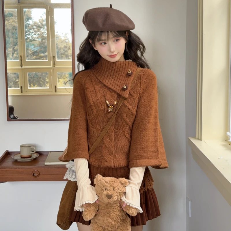 森女部落复古设计感斜领套头毛衣女2025新款宽松叠穿针织衫冬季