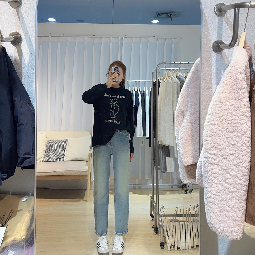 复古百搭水洗高腰浅蓝烟管直筒耳朵牛仔裤时尚休闲