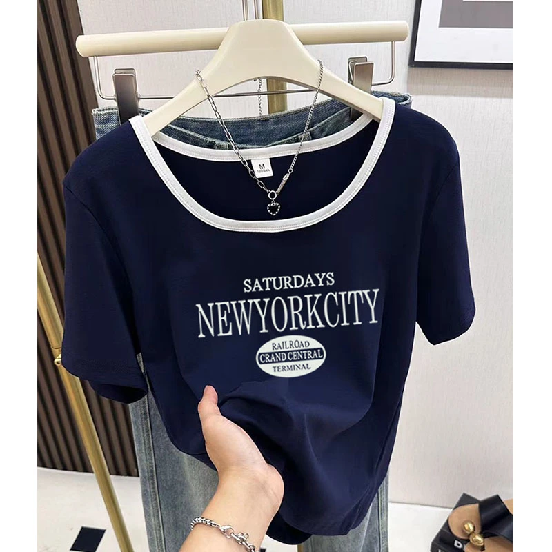 方领撞色正肩短袖t恤女2025新款设计感小众漏锁骨显瘦上衣夏季潮