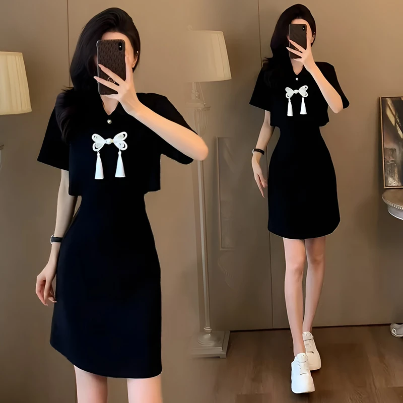 休闲小个子短袖连衣裙女2025夏季新款时尚洋气假两件显瘦a字裙子
