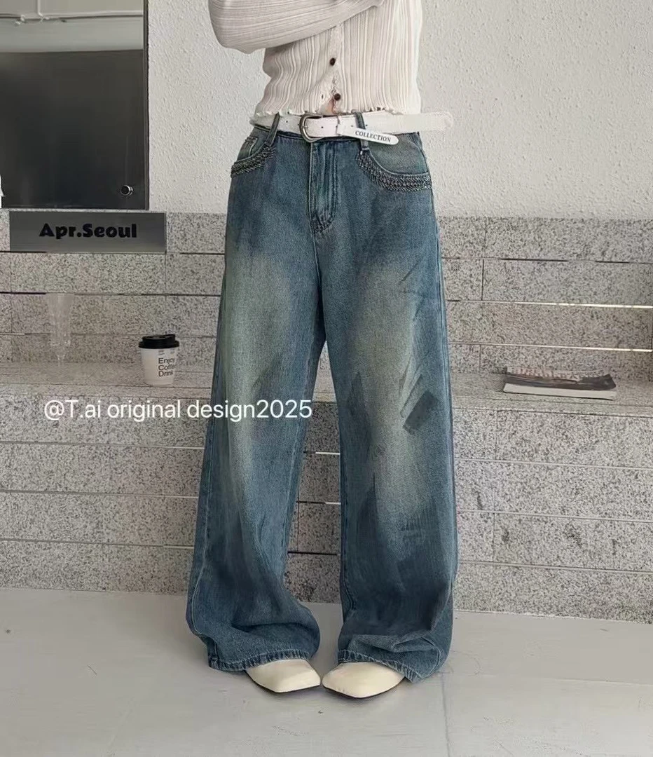 Tai#4031夏款福利无弹重工艺涂鸦阔腿牛仔裤，裤长：105cm