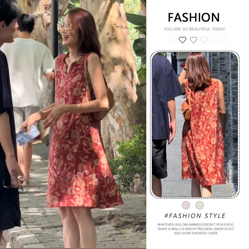 新中式无袖v领印花连衣裙女夏季2025新款超好看百搭风情万种裙子