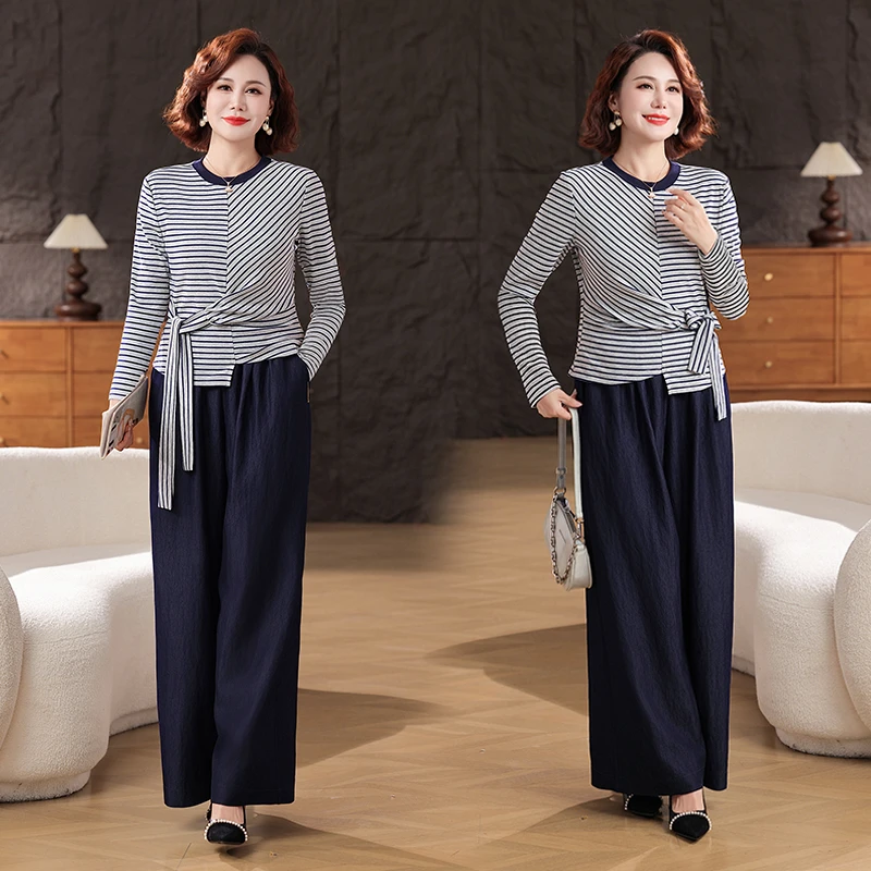 妈妈秋装时尚小衫套装2025新款中年女装休闲上衣显瘦阔腿裤两件套