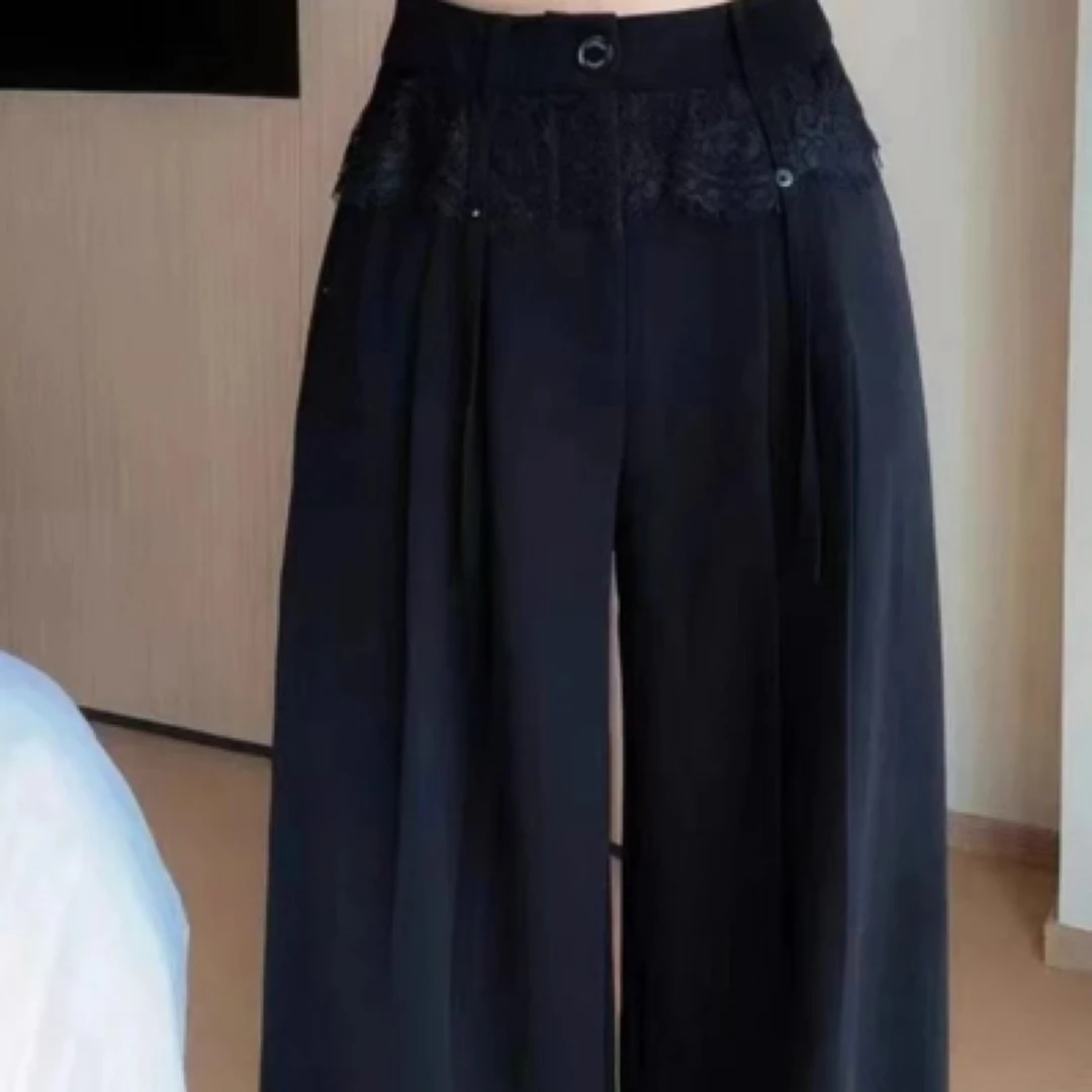 【娟子】腰围拼蕾丝百搭显瘦垂感直筒裤