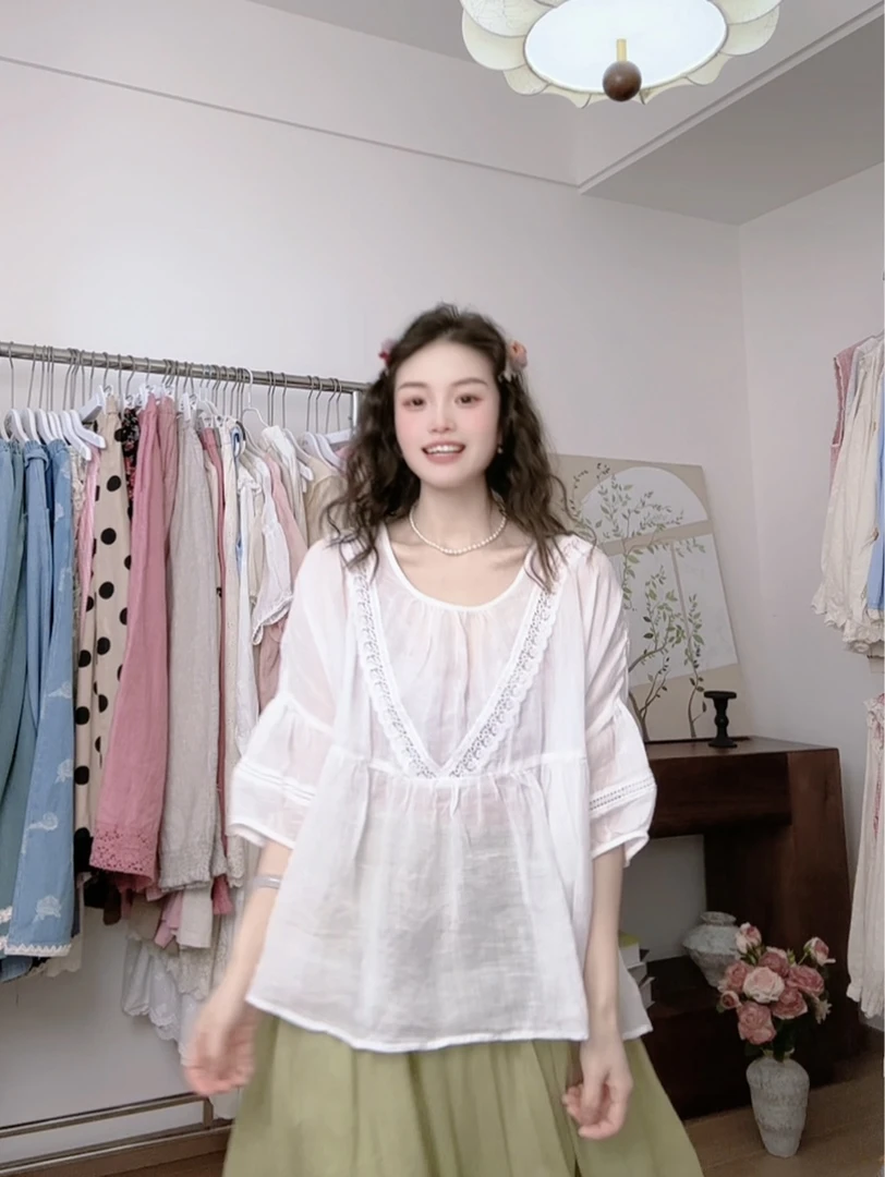 可衣-【倒三角】2025森系夏季新款蕾丝拼接苎麻短袖衬衫女薄