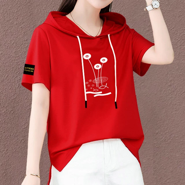 潮流连帽短袖T恤女2025夏季新款宽松显瘦胖mm遮肚显瘦薄款上衣服