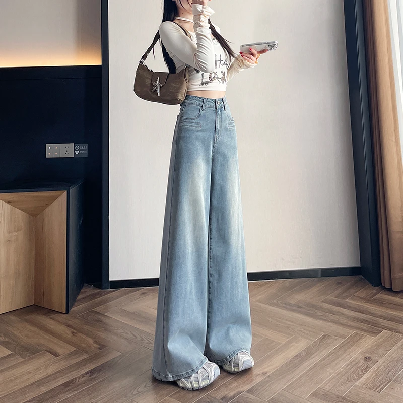 2025夏季新款小个子宽松垂感直筒裤弹力微喇阔腿学院牛仔裤女1851