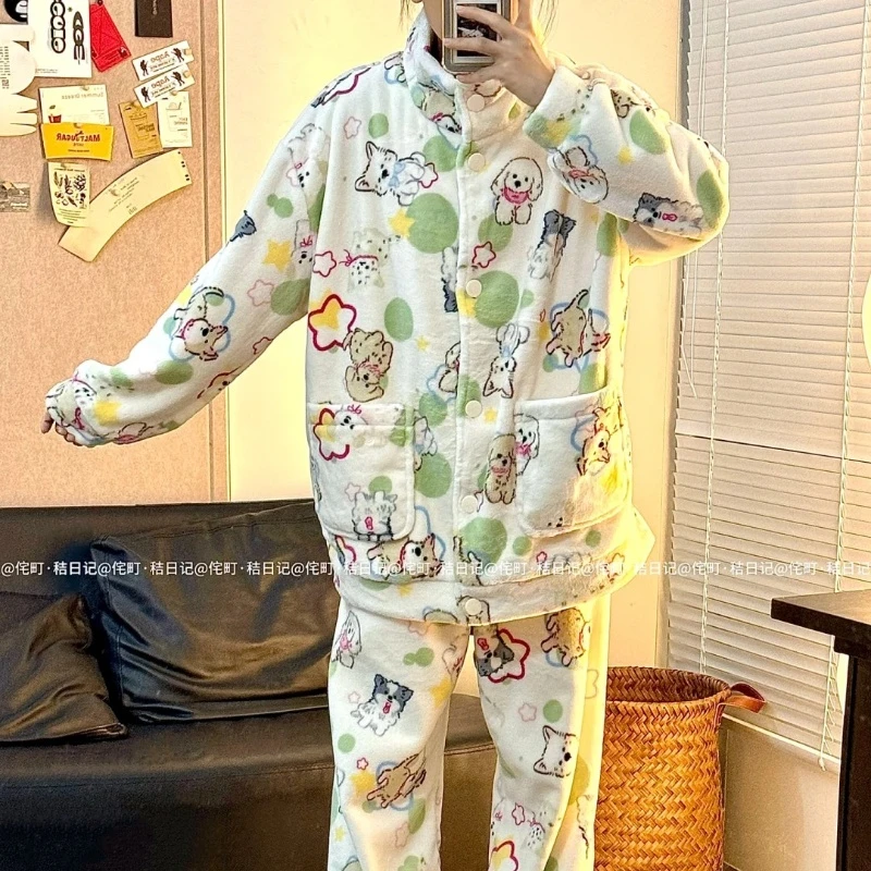 侘町2024年新款puppy狗狗法兰绒睡衣女秋冬款加绒加厚家居服冬季