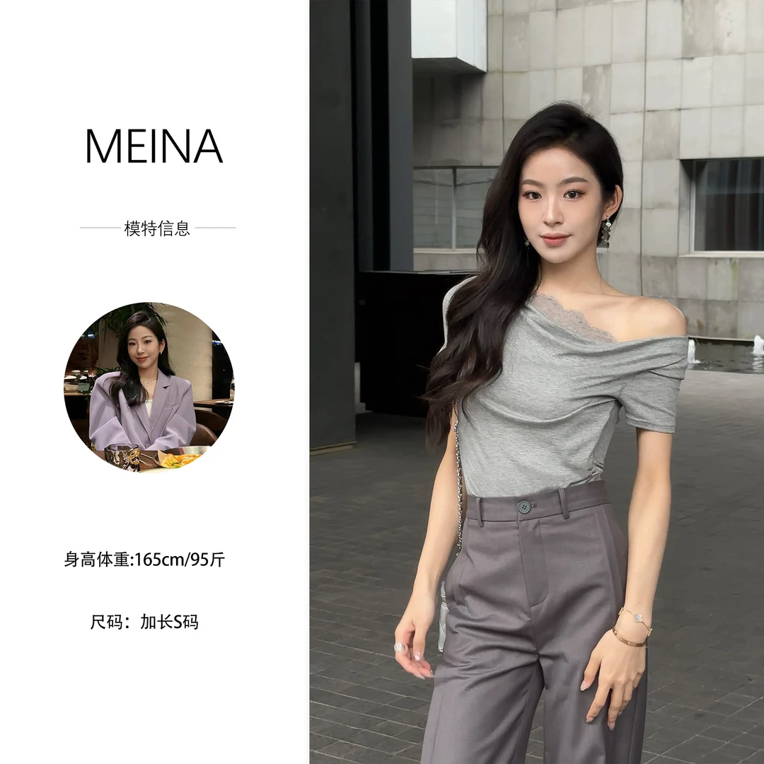 MEINA专属【格蕾话剧】2025春夏新款拼接蕾丝设计法式修身显瘦上衣